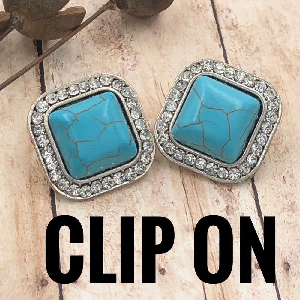Turquoise Rhinestone Clip On Square Earrings
